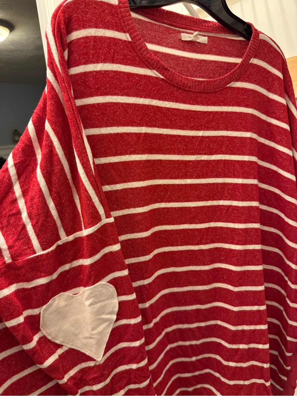 Maurices Red & White Striped Crewneck Sweater with Heart Elbow Patch